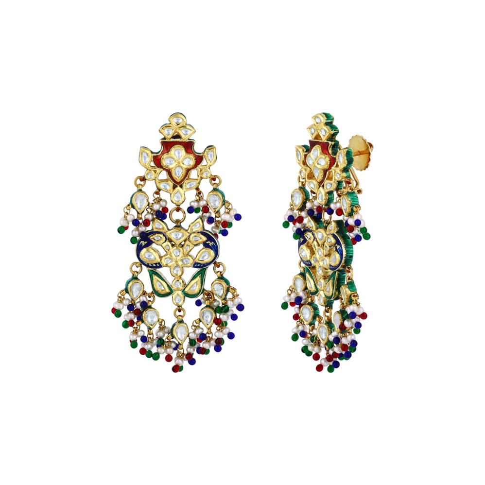 Polki Earrings with Multicoloured Enamel, Beads and Pearls
